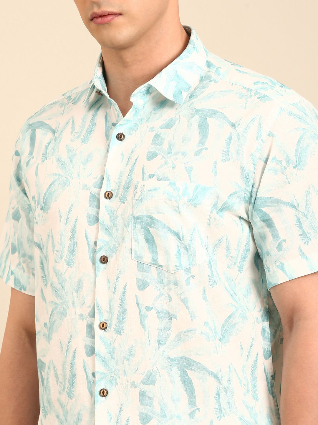 CAVALLO by Linen Club Men's Blended Linen Blue Printed Contemporary Fit Half Sleeve Casual Shirt