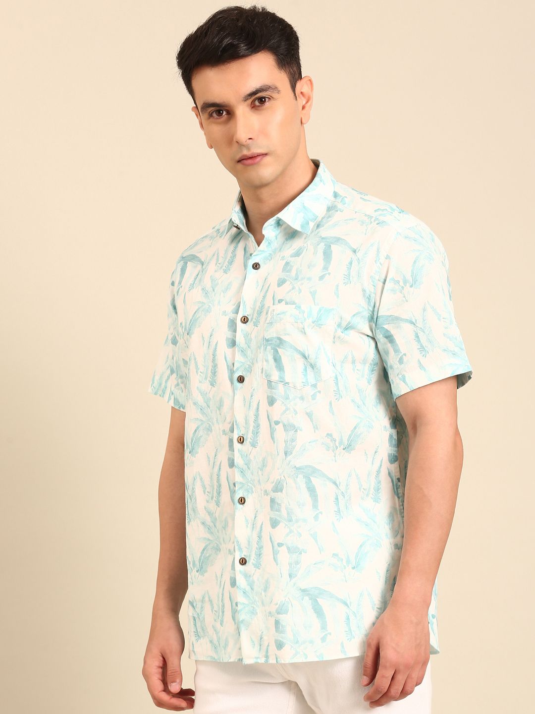 CAVALLO by Linen Club Men's Blended Linen Blue Printed Contemporary Fit Half Sleeve Casual Shirt