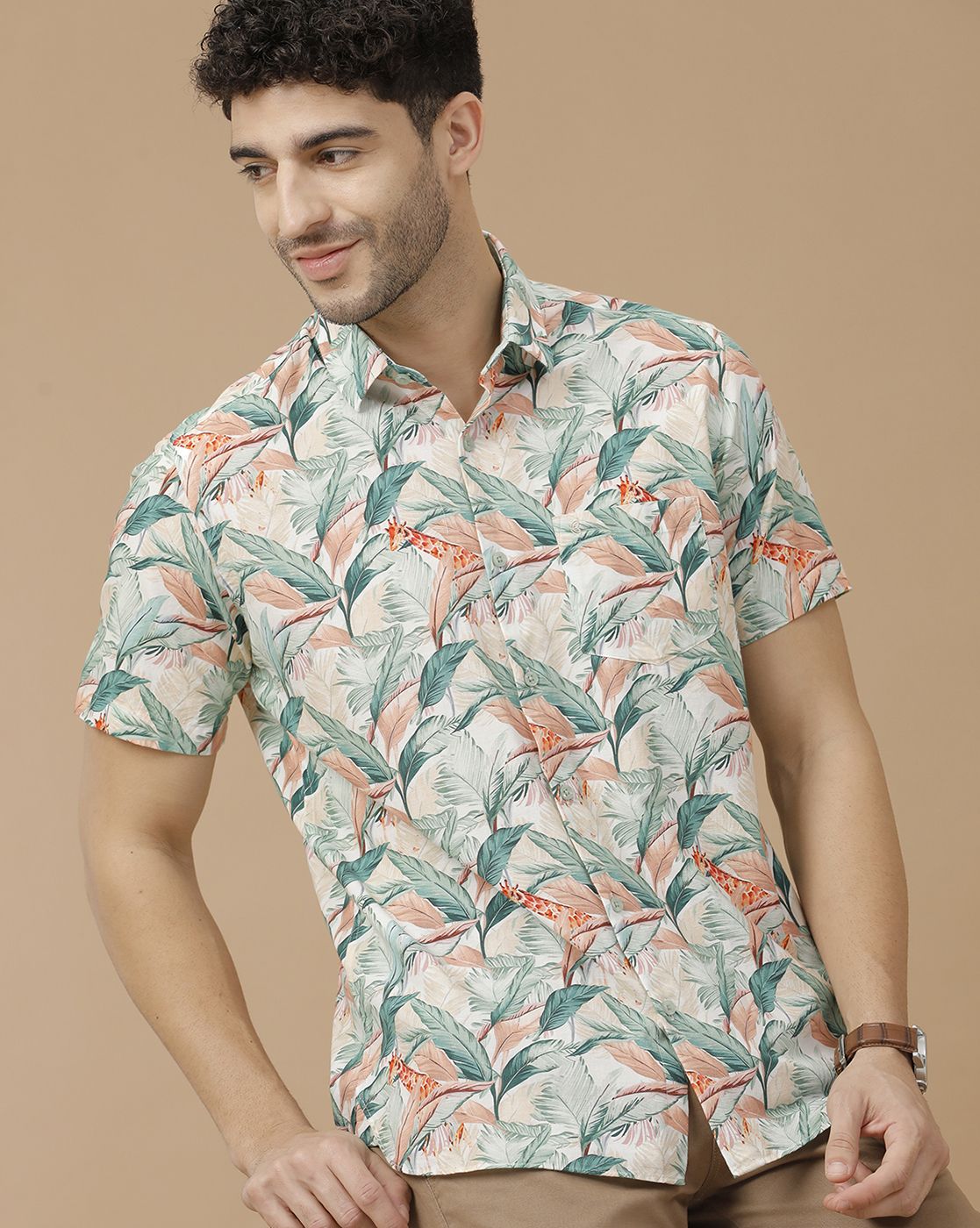 Men's Blended Linen Green Printed Contemporary Fit Half Sleeve Casual Shirt