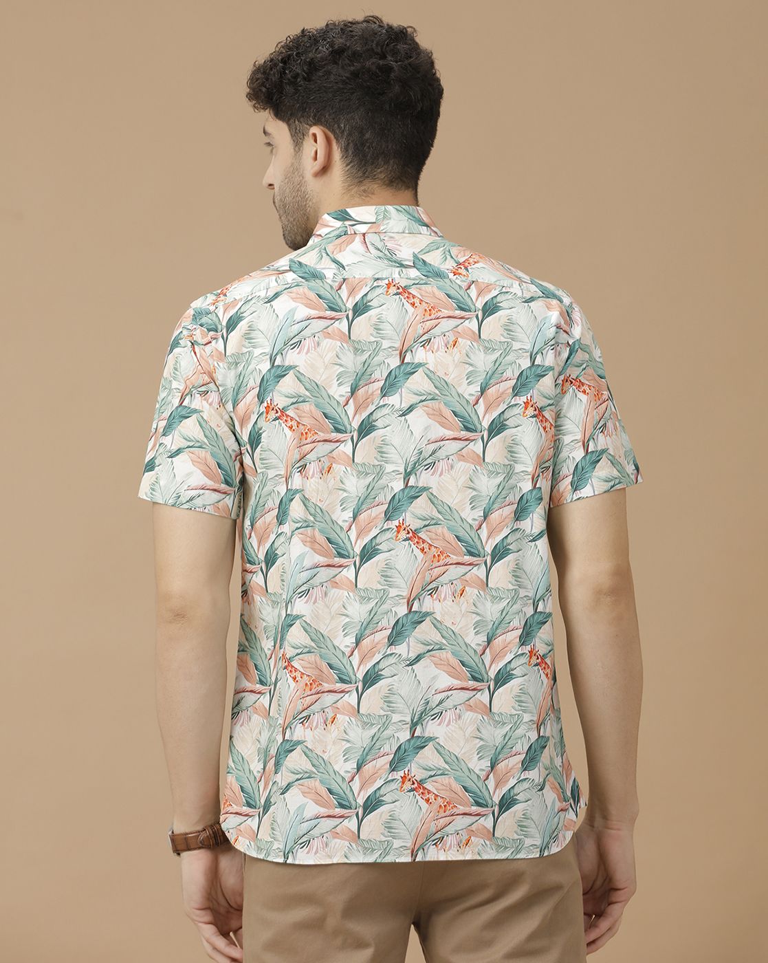 Men's Blended Linen Green Printed Contemporary Fit Half Sleeve Casual Shirt