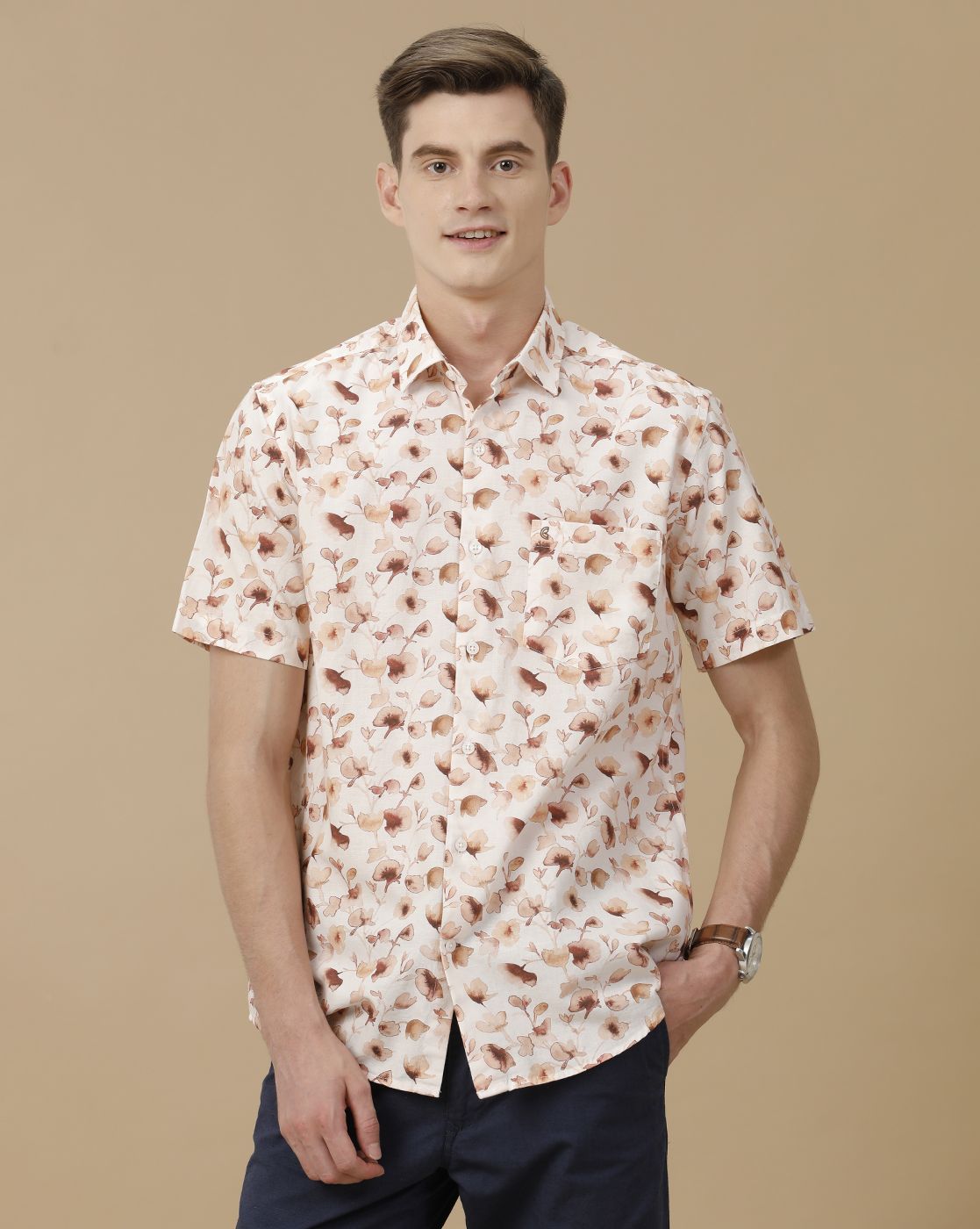 Men's Blended Linen Beige Printed Contemporary Fit Half Sleeve Casual Shirt