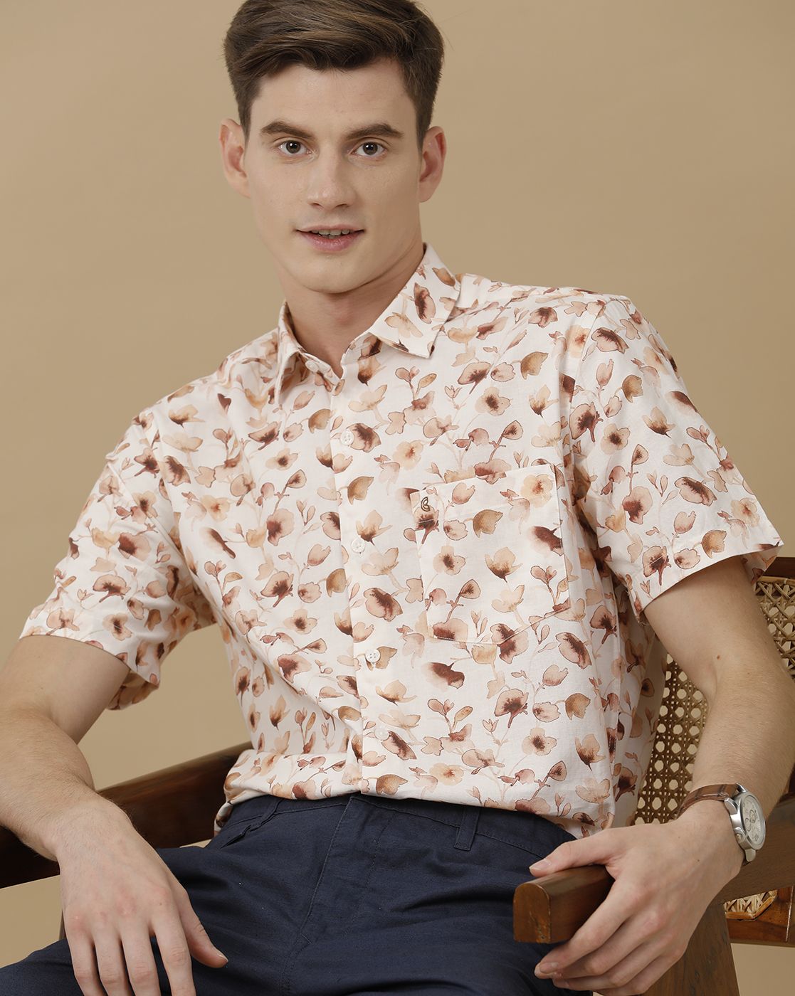 Men's Blended Linen Beige Printed Contemporary Fit Half Sleeve Casual Shirt