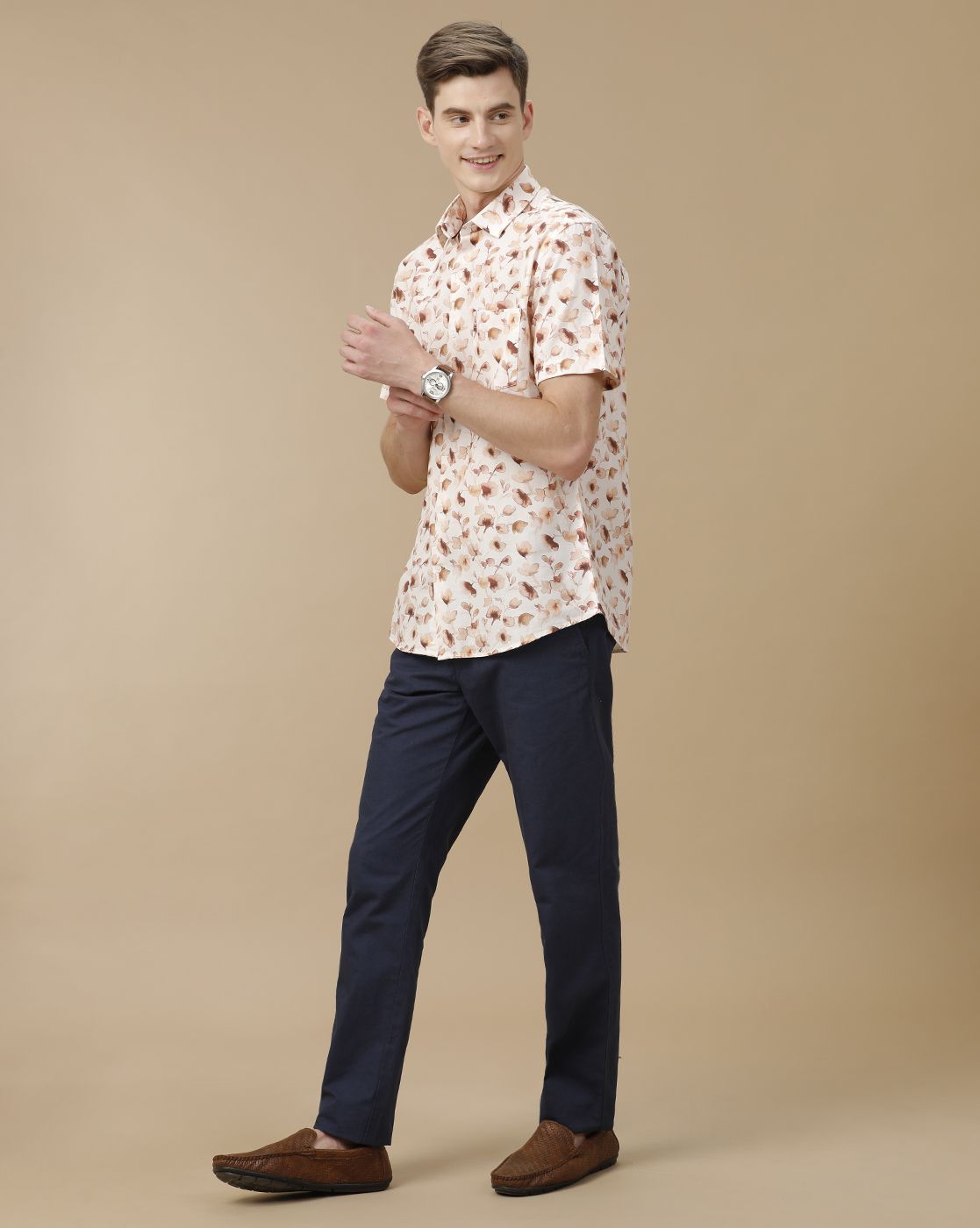 Men's Blended Linen Beige Printed Contemporary Fit Half Sleeve Casual Shirt