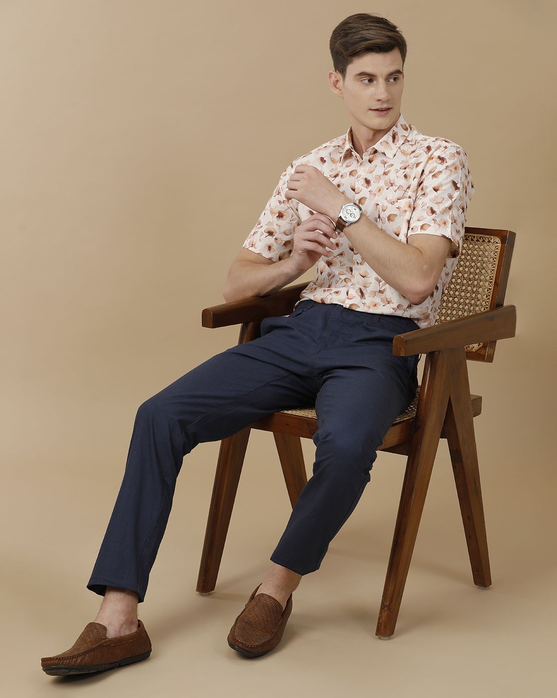 Men's Blended Linen Beige Printed Contemporary Fit Half Sleeve Casual Shirt
