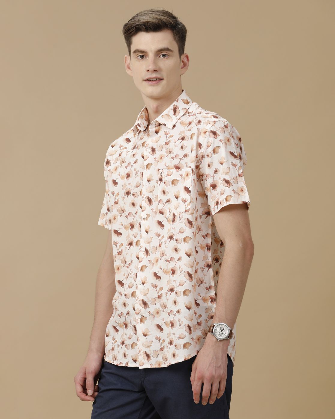 Men's Blended Linen Beige Printed Contemporary Fit Half Sleeve Casual Shirt