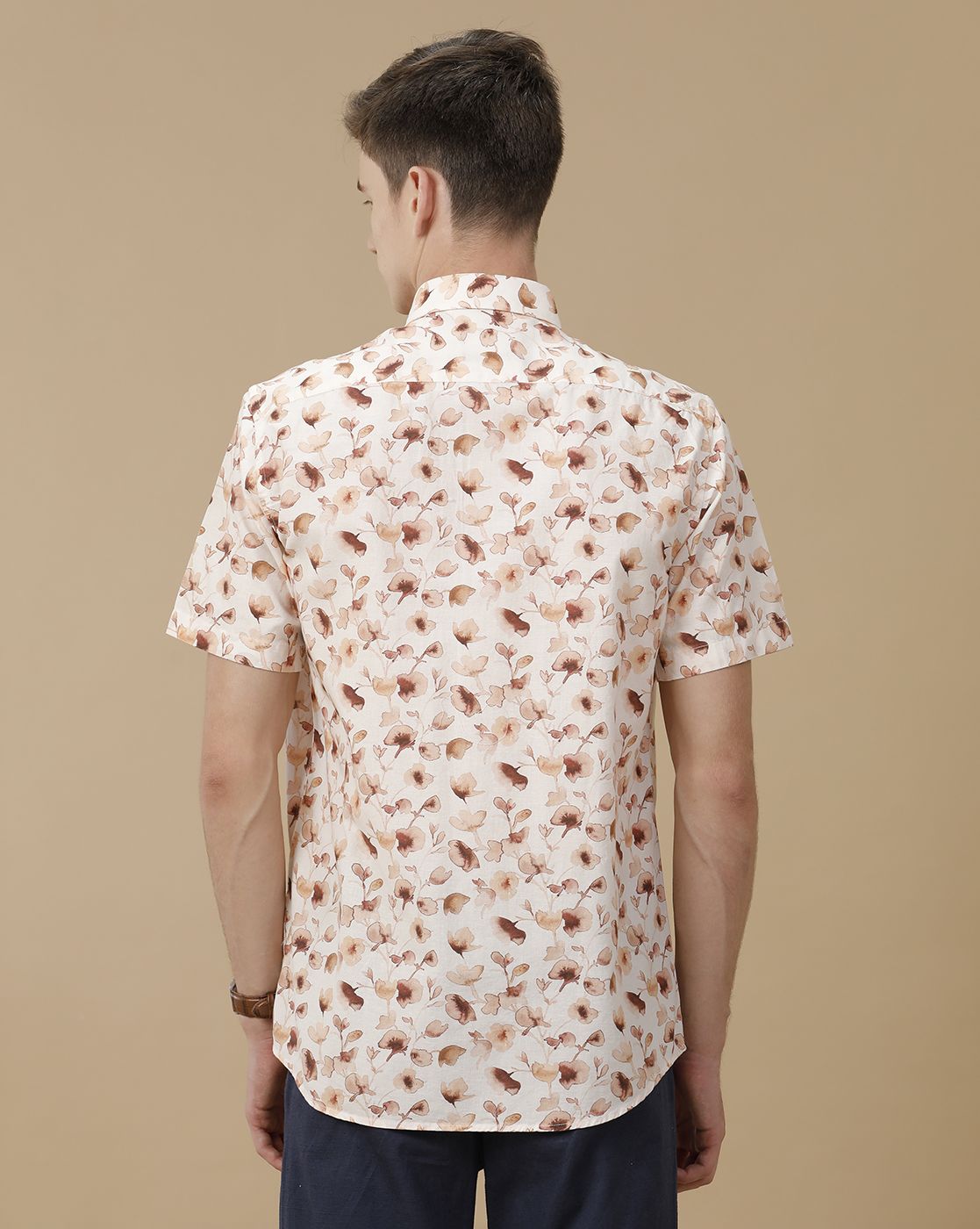 Men's Blended Linen Beige Printed Contemporary Fit Half Sleeve Casual Shirt