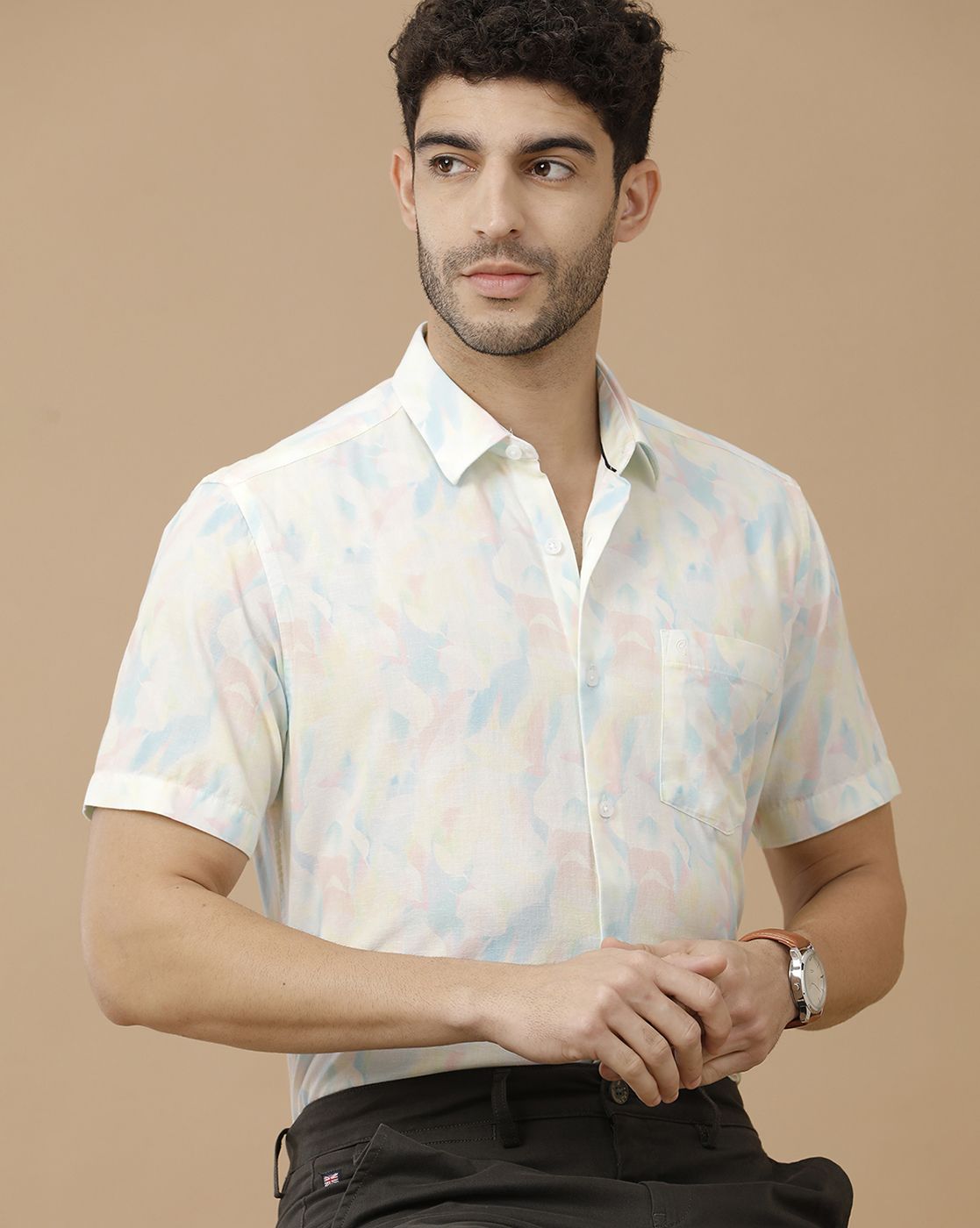 Men's Blended Linen Blue Printed Contemporary Fit Half Sleeve Casual Shirt Men's Blended Linen Blue Printed Contemporary Fit Half Sleeve Casual Shirt