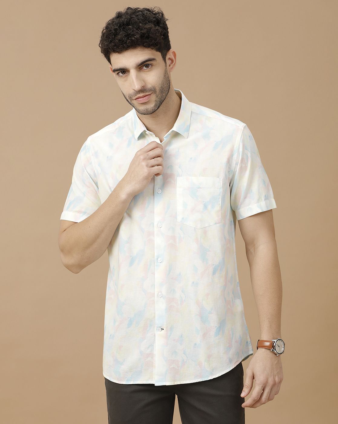 Men's Blended Linen Blue Printed Contemporary Fit Half Sleeve Casual Shirt Men's Blended Linen Blue Printed Contemporary Fit Half Sleeve Casual Shirt