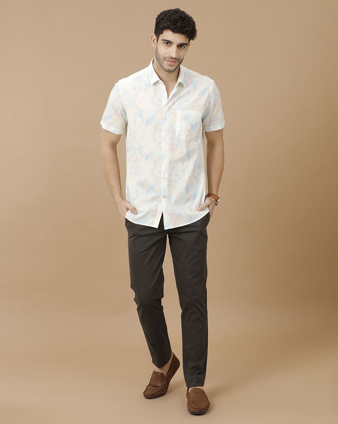 Men's Blended Linen Blue Printed Contemporary Fit Half Sleeve Casual Shirt Men's Blended Linen Blue Printed Contemporary Fit Half Sleeve Casual Shirt