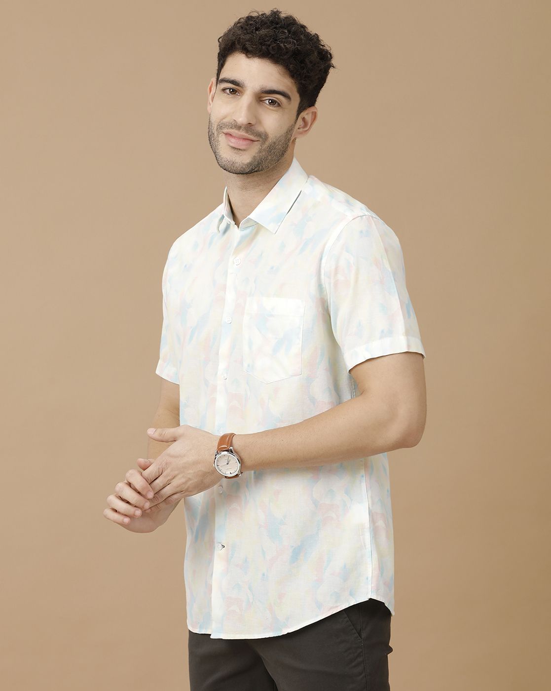 Men's Blended Linen Blue Printed Contemporary Fit Half Sleeve Casual Shirt Men's Blended Linen Blue Printed Contemporary Fit Half Sleeve Casual Shirt