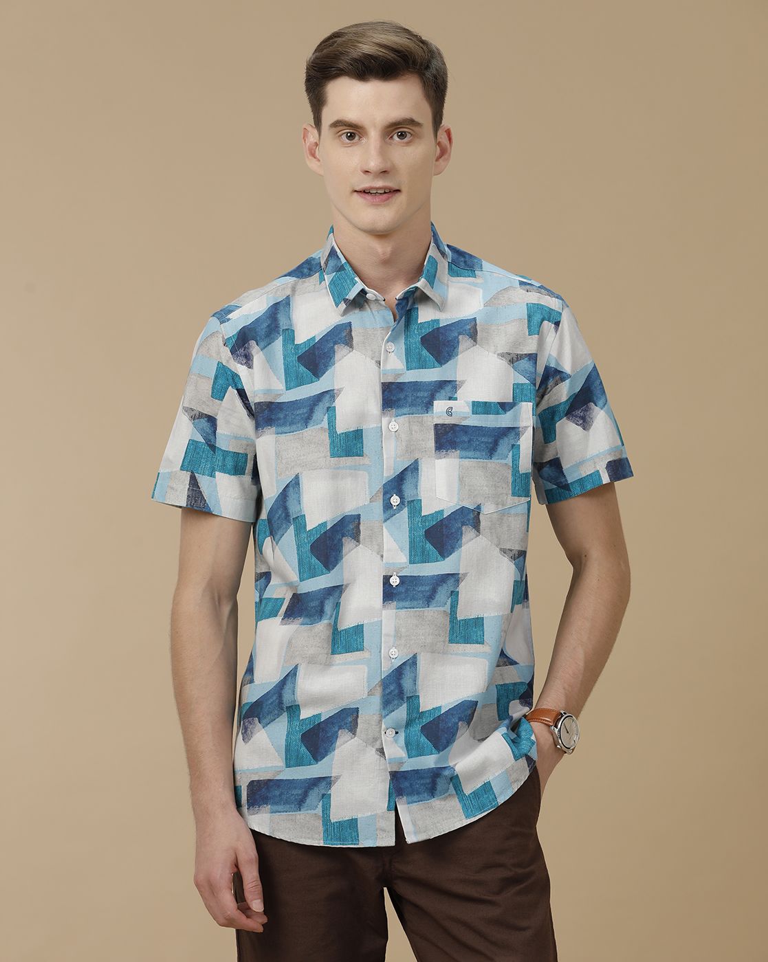 Men's Blended Linen Blue Printed Contemporary Fit Half Sleeve Casual Shirt