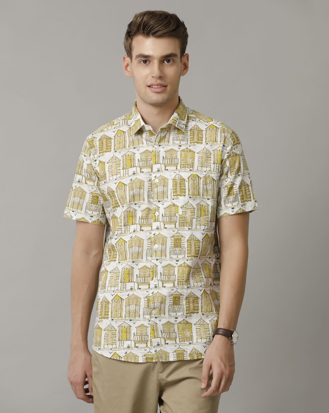Men's Blended Linen Yellow Printed Contemporary Fit Half Sleeve Casual Shirt