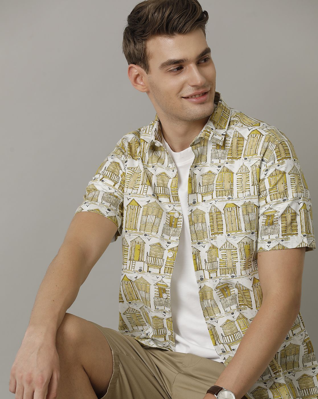 Men's Blended Linen Yellow Printed Contemporary Fit Half Sleeve Casual Shirt