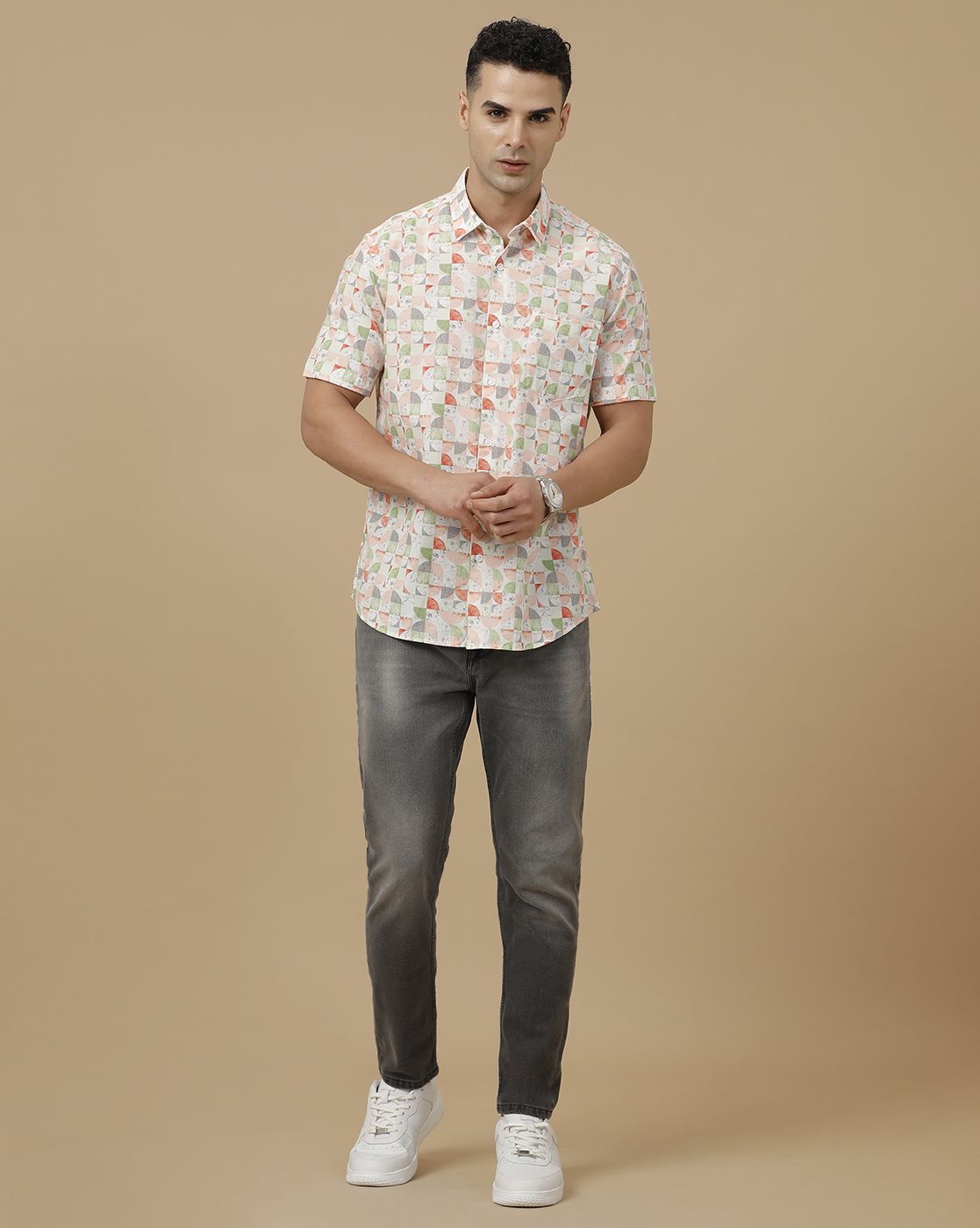 CAVALLO by Linen Club Men's Blended Linen Orange Printed Contemporary Fit Half Sleeve Casual Shirt