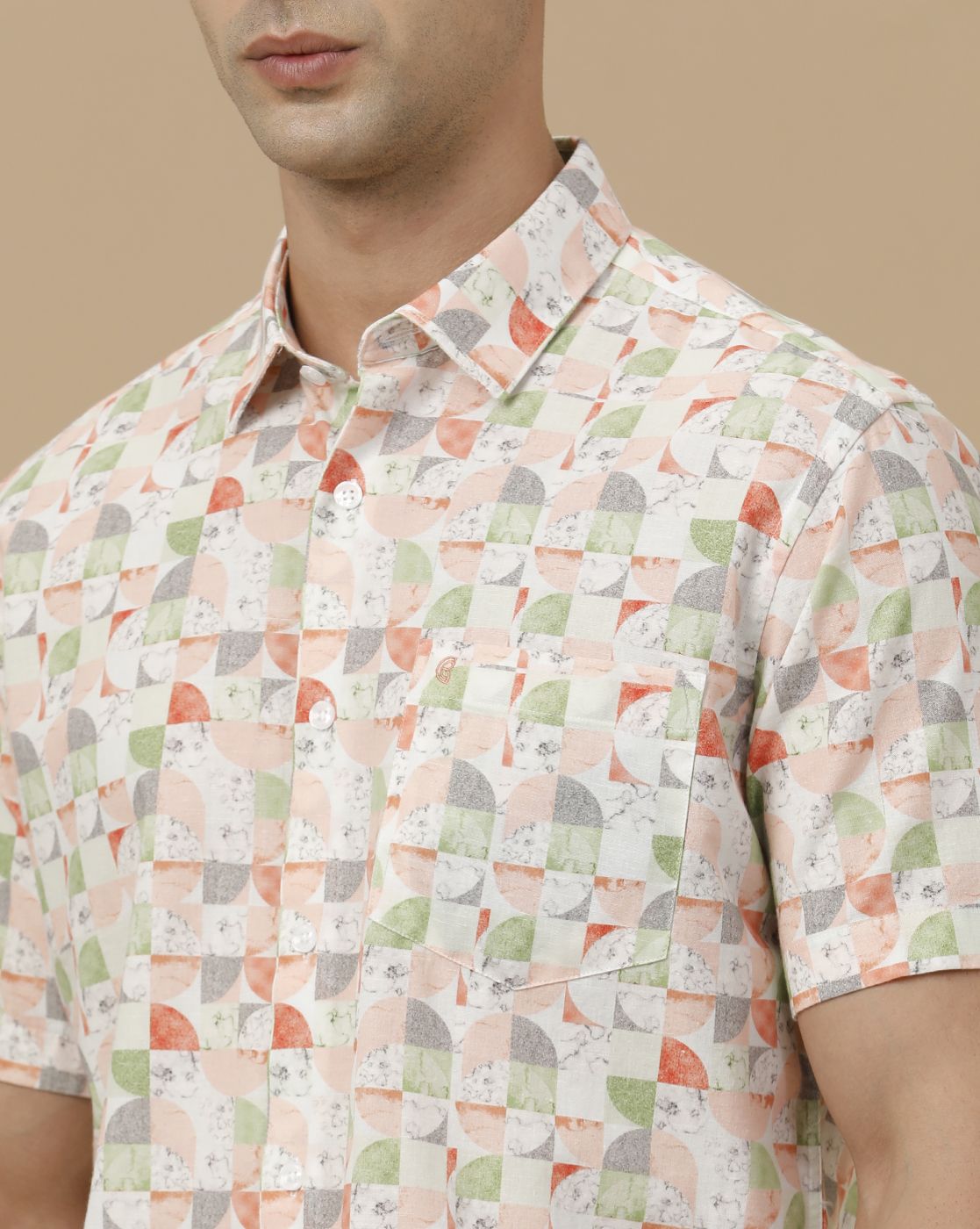 CAVALLO by Linen Club Men's Blended Linen Orange Printed Contemporary Fit Half Sleeve Casual Shirt