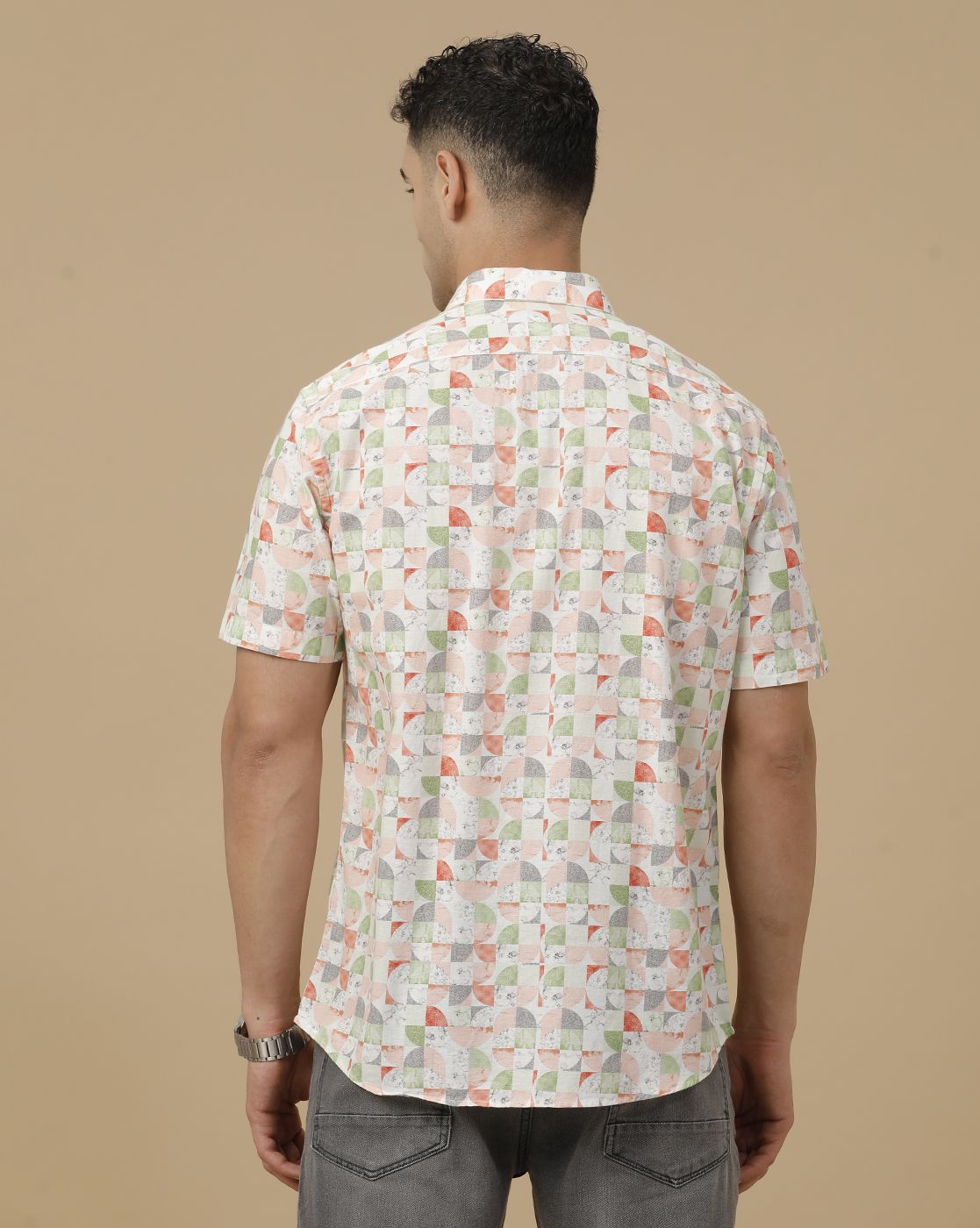 CAVALLO by Linen Club Men's Blended Linen Orange Printed Contemporary Fit Half Sleeve Casual Shirt