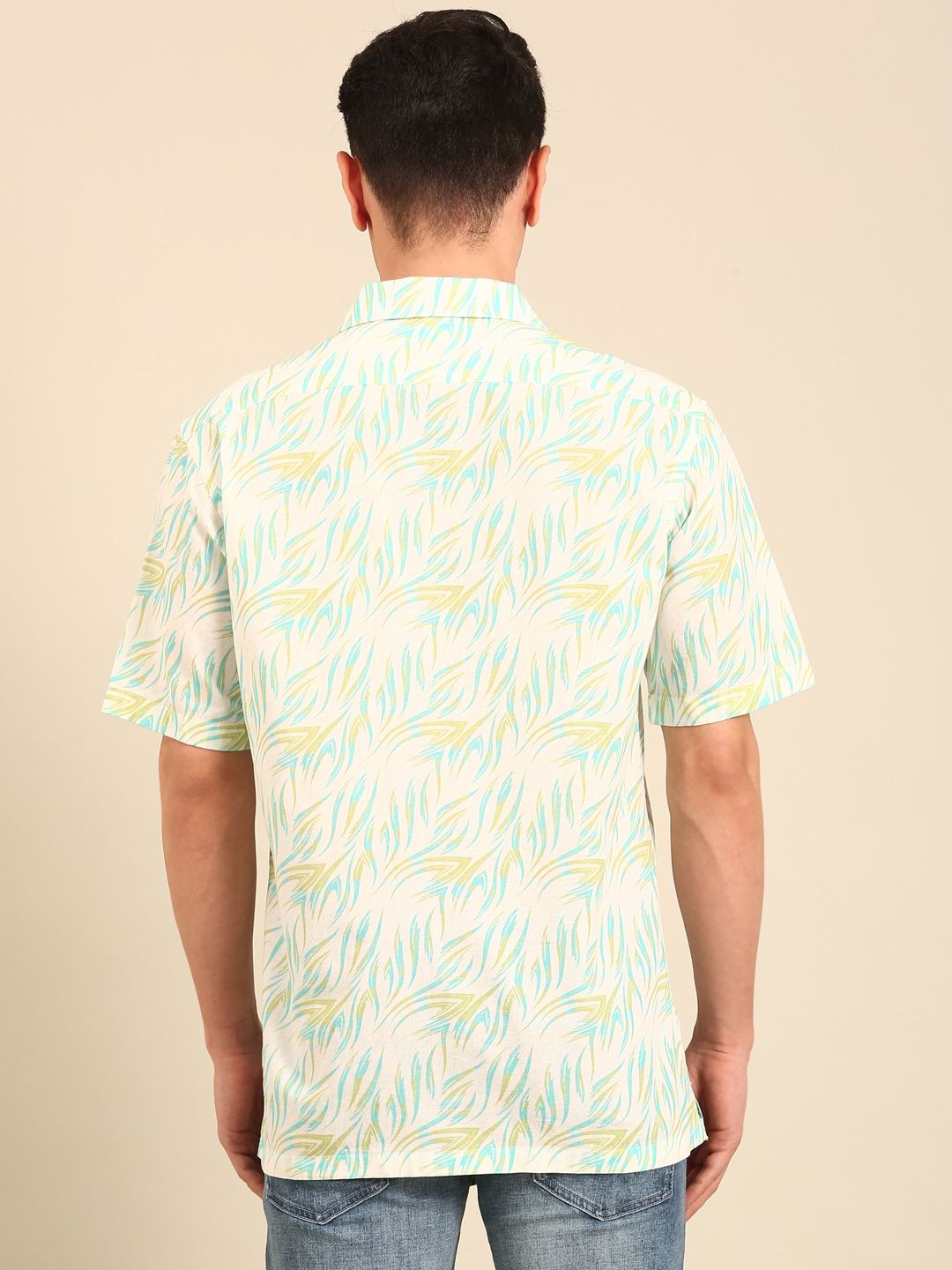 CAVALLO by Linen Club Men's Blended Linen Turquoise Printed Contemporary Fit Half Sleeve Casual Shirt
