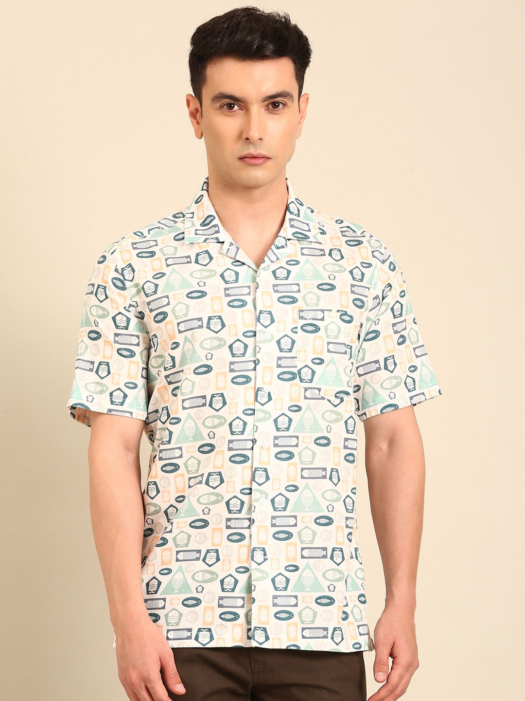 CAVALLO by Linen Club Men's Blended Linen Blue Printed Contemporary Fit Half Sleeve Casual Shirt