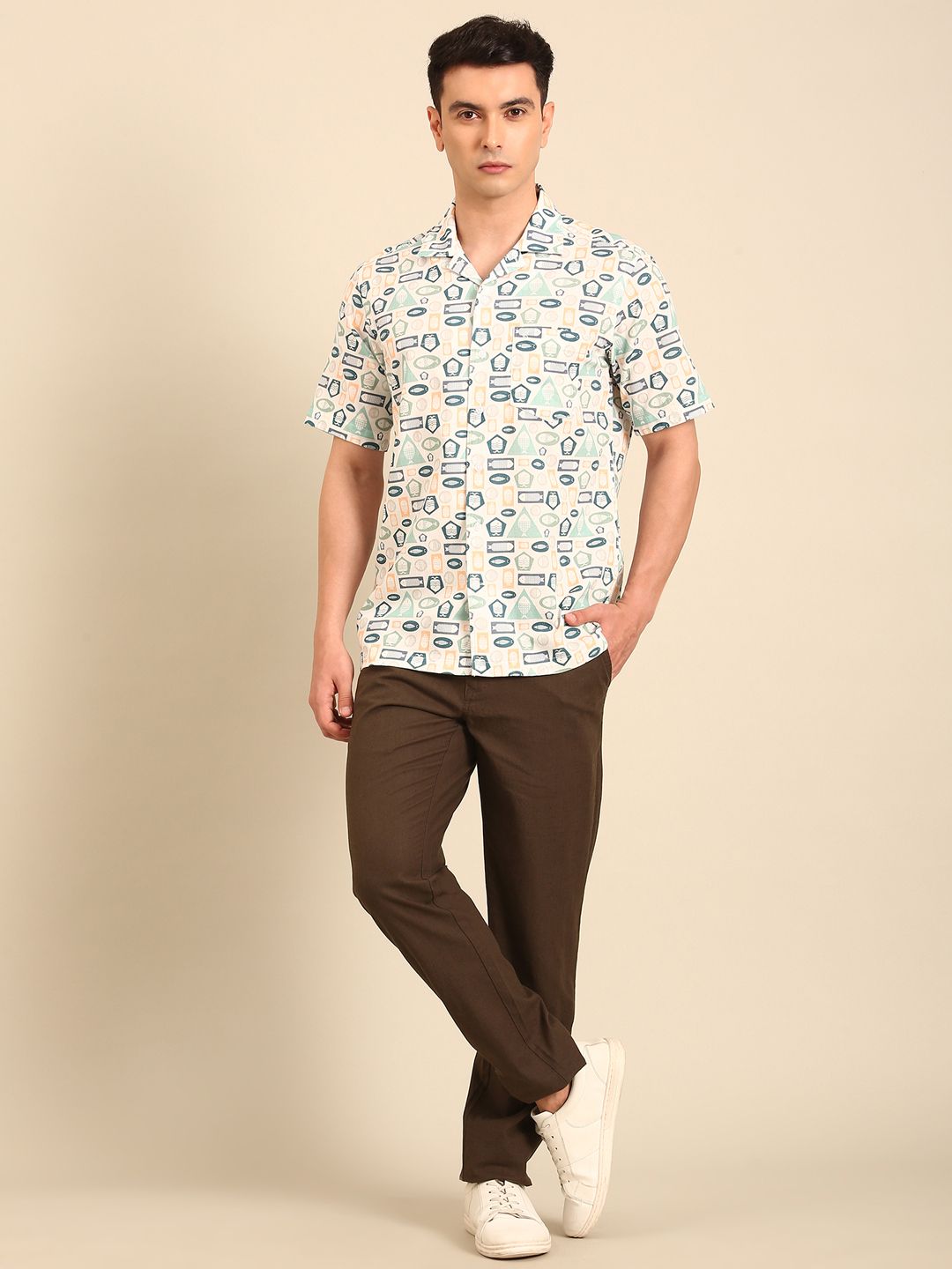 CAVALLO by Linen Club Men's Blended Linen Blue Printed Contemporary Fit Half Sleeve Casual Shirt