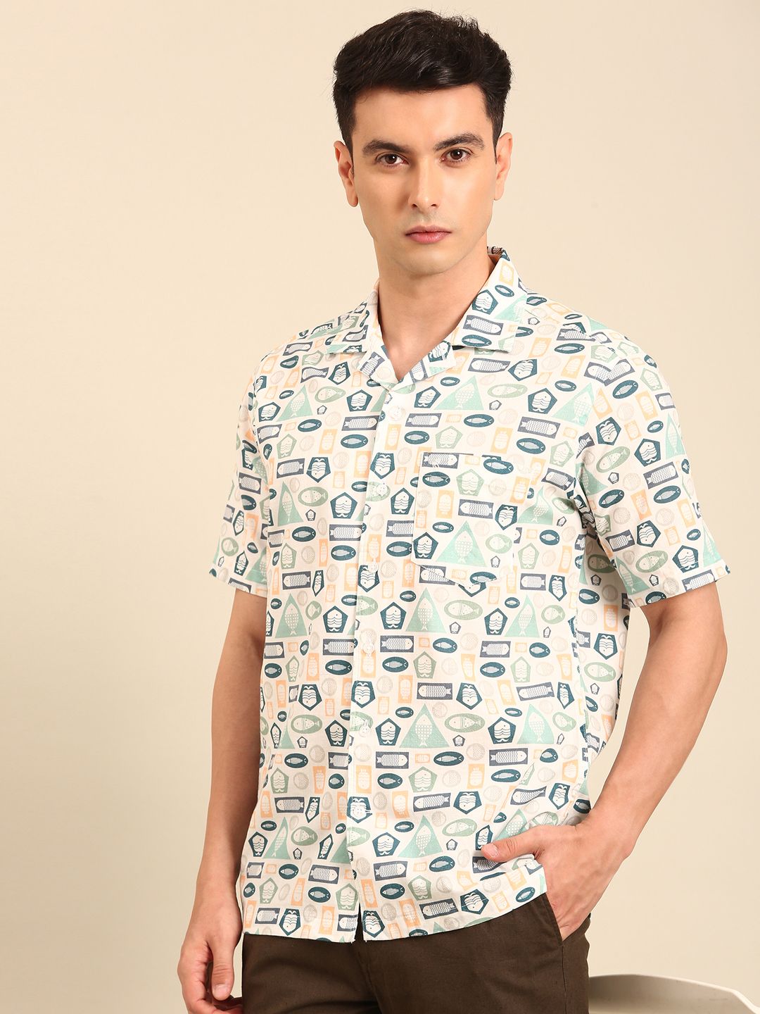 CAVALLO by Linen Club Men's Blended Linen Blue Printed Contemporary Fit Half Sleeve Casual Shirt