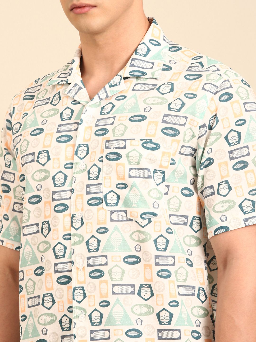 CAVALLO by Linen Club Men's Blended Linen Blue Printed Contemporary Fit Half Sleeve Casual Shirt