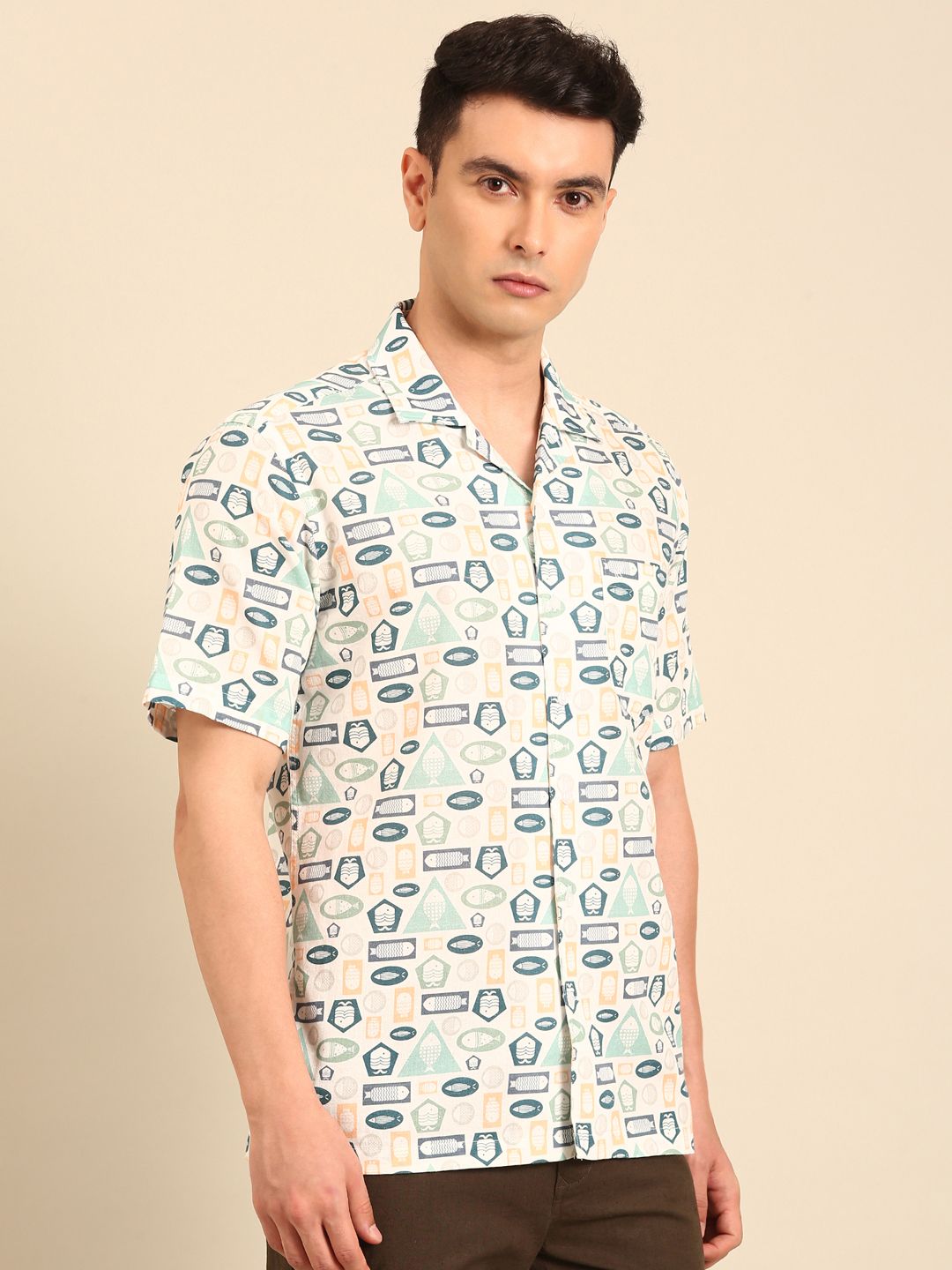 CAVALLO by Linen Club Men's Blended Linen Blue Printed Contemporary Fit Half Sleeve Casual Shirt