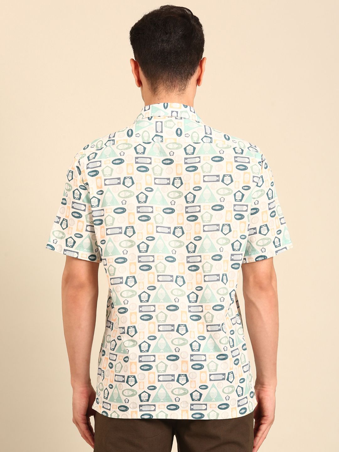 CAVALLO by Linen Club Men's Blended Linen Blue Printed Contemporary Fit Half Sleeve Casual Shirt