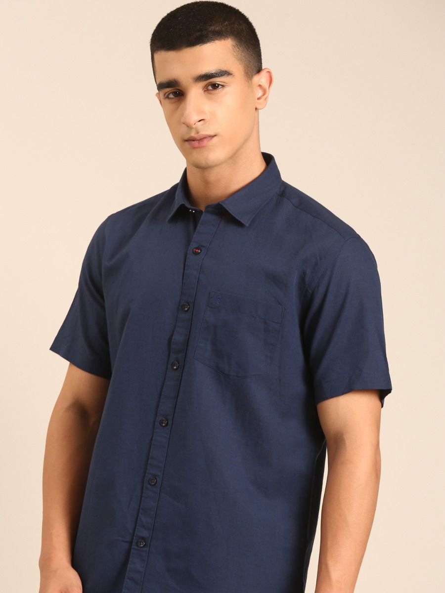 CAVALLO by Linen Club Men's Blended Linen Navy Solid Contemporary Fit Half Sleeve Casual Shirt