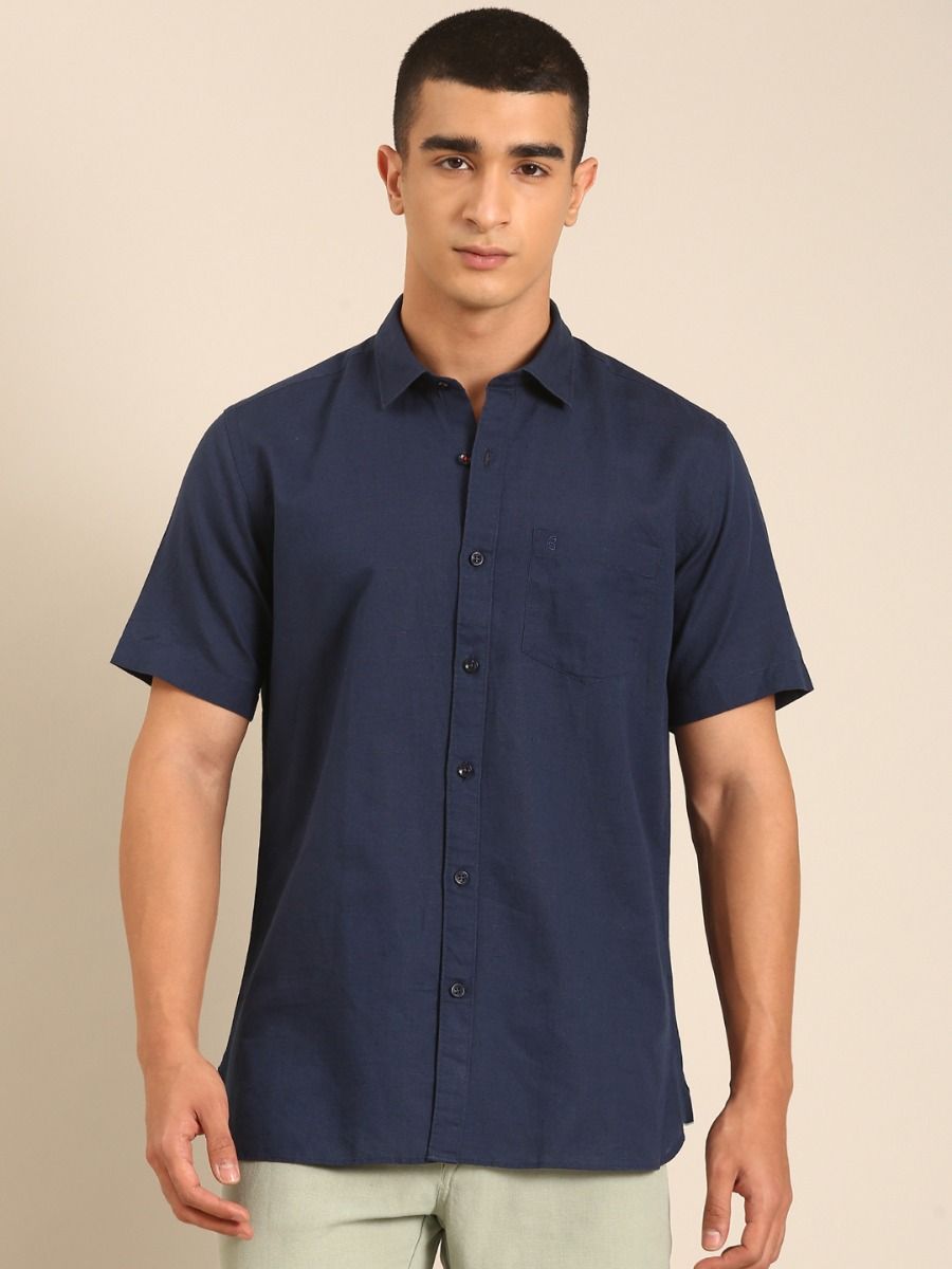 CAVALLO by Linen Club Men's Blended Linen Navy Solid Contemporary Fit Half Sleeve Casual Shirt