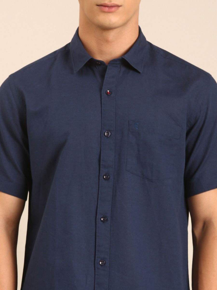 CAVALLO by Linen Club Men's Blended Linen Navy Solid Contemporary Fit Half Sleeve Casual Shirt