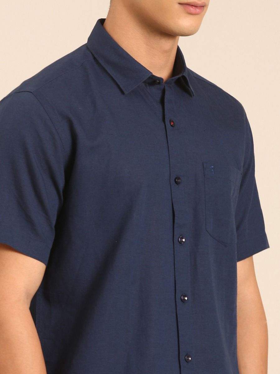CAVALLO by Linen Club Men's Blended Linen Navy Solid Contemporary Fit Half Sleeve Casual Shirt