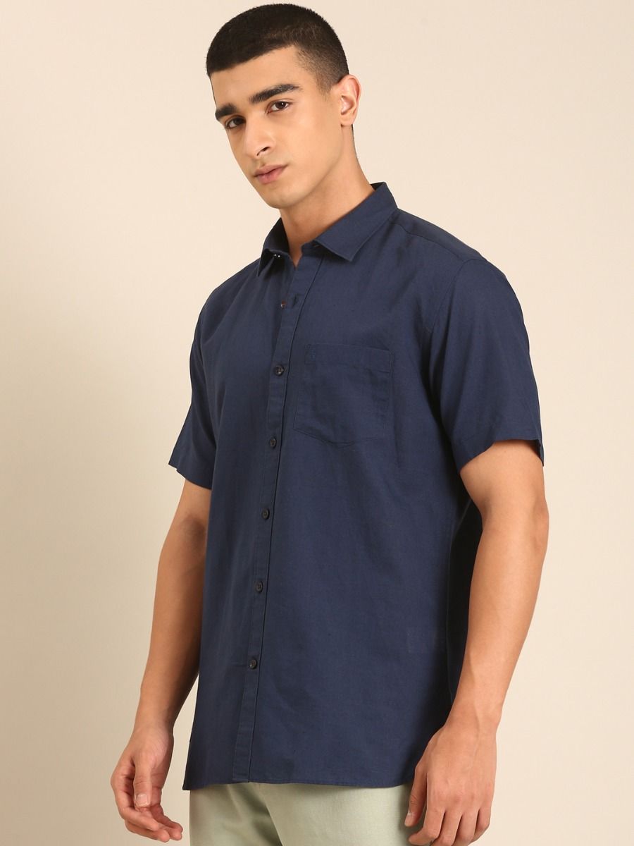 CAVALLO by Linen Club Men's Blended Linen Navy Solid Contemporary Fit Half Sleeve Casual Shirt