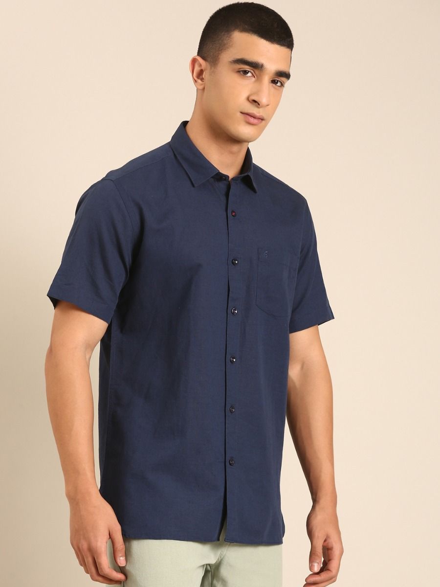 CAVALLO by Linen Club Men's Blended Linen Navy Solid Contemporary Fit Half Sleeve Casual Shirt