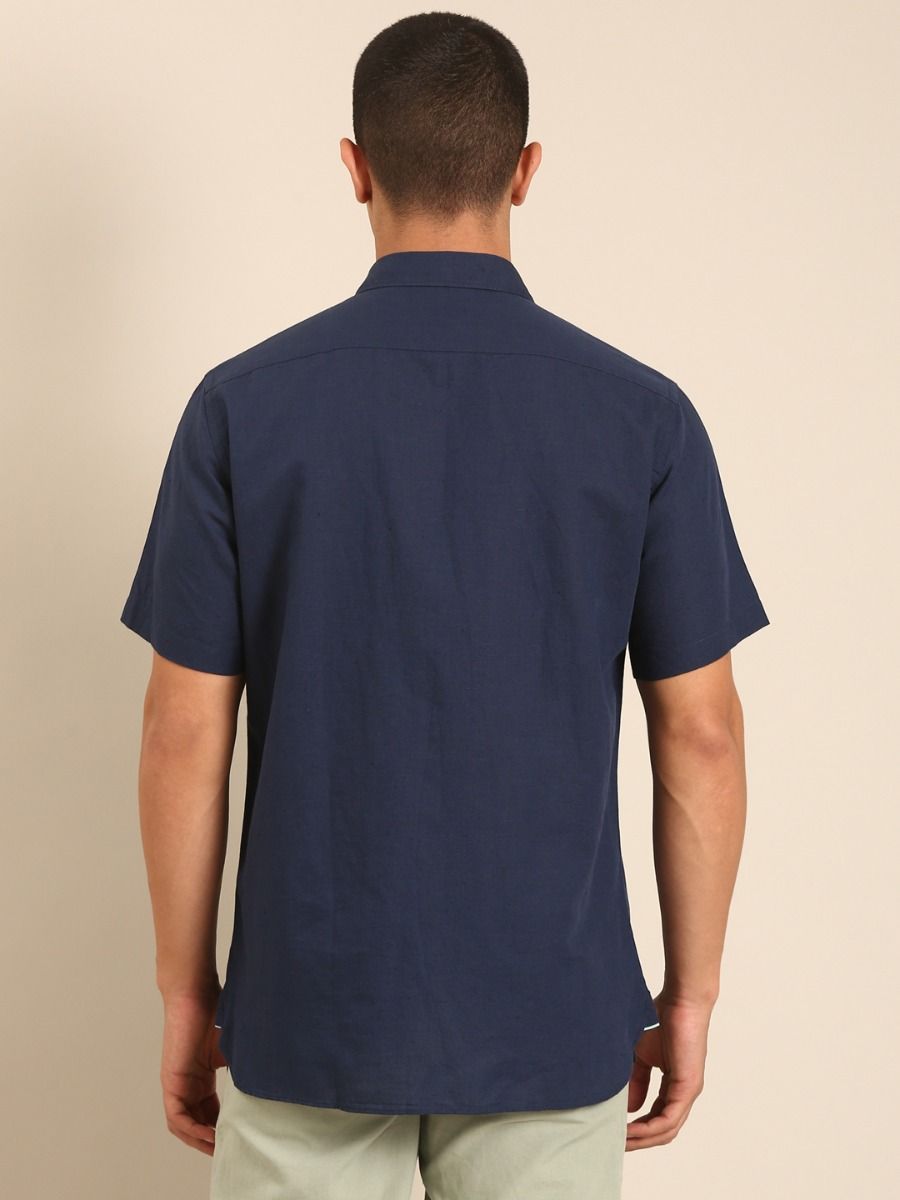 CAVALLO by Linen Club Men's Blended Linen Navy Solid Contemporary Fit Half Sleeve Casual Shirt
