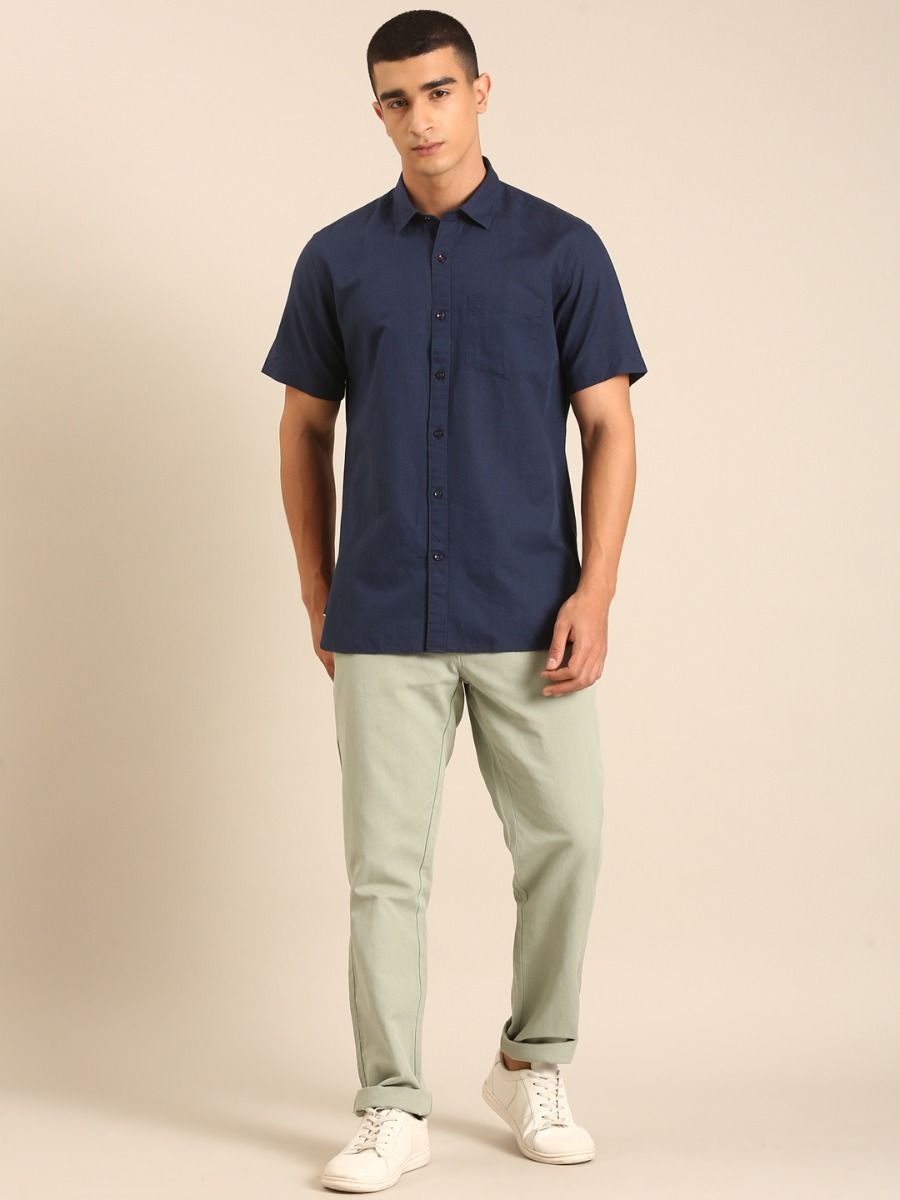 CAVALLO by Linen Club Men's Blended Linen Navy Solid Contemporary Fit Half Sleeve Casual Shirt