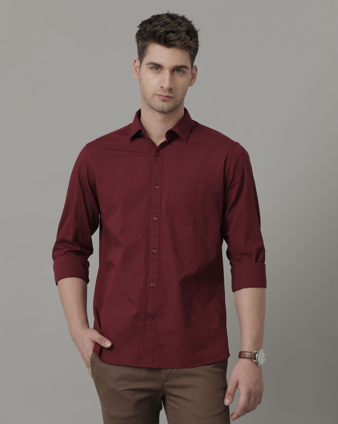 Men's Blended Linen Maroon Solid Contemporary Fit Half Sleeve Sleeve Casual Shirt