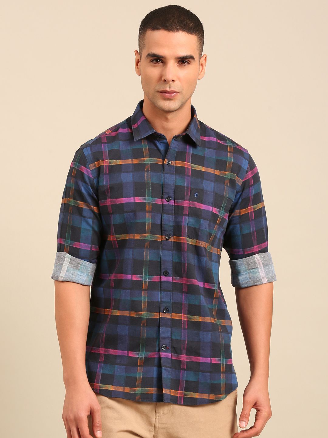 Cavallo by Linen Club Men's Contemporary Fit Linen blend Half Sleeve Solid Shirt CASHSD8039389