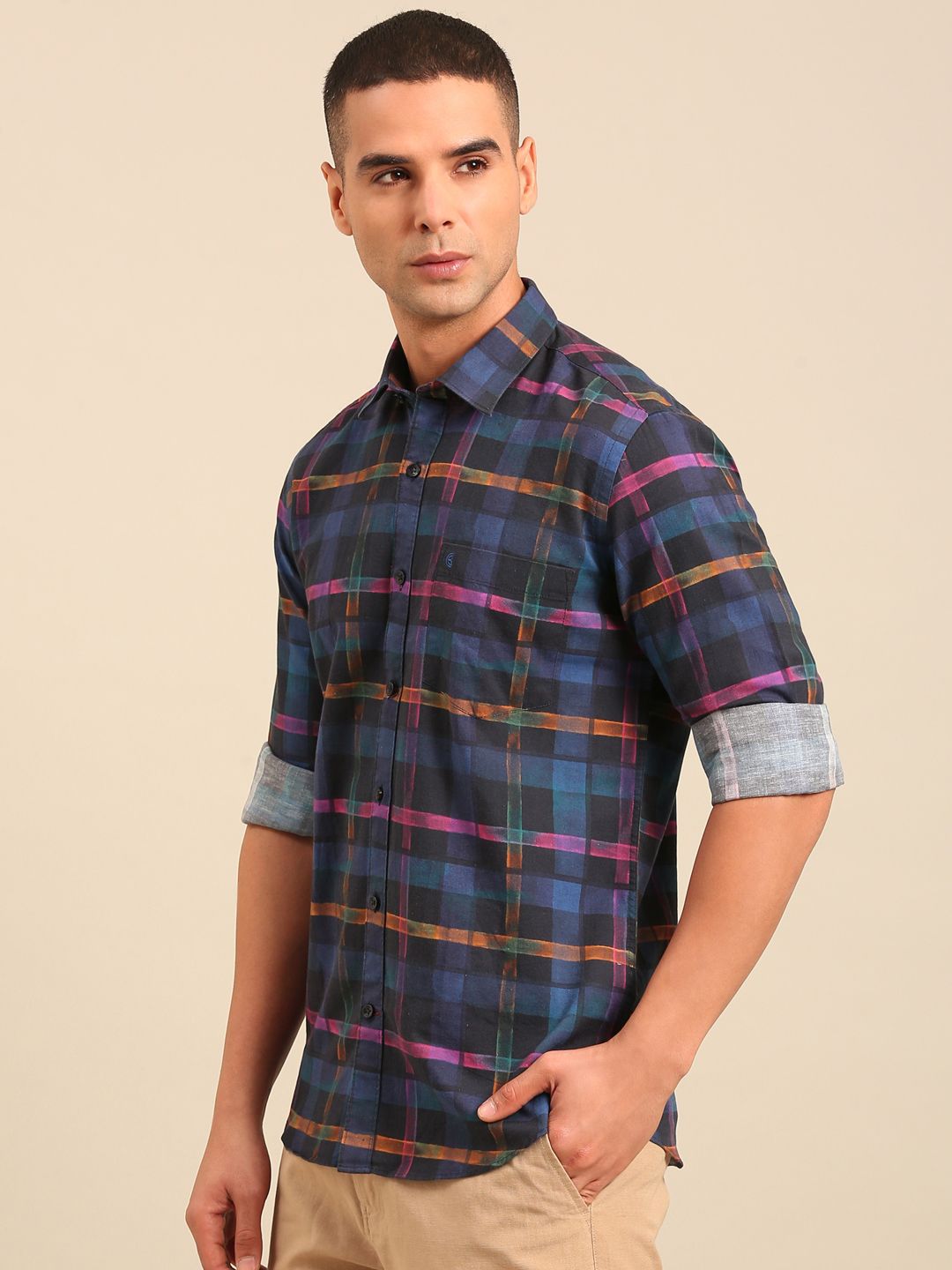 Cavallo by Linen Club Men's Contemporary Fit Linen blend Half Sleeve Solid Shirt CASHSD8039389