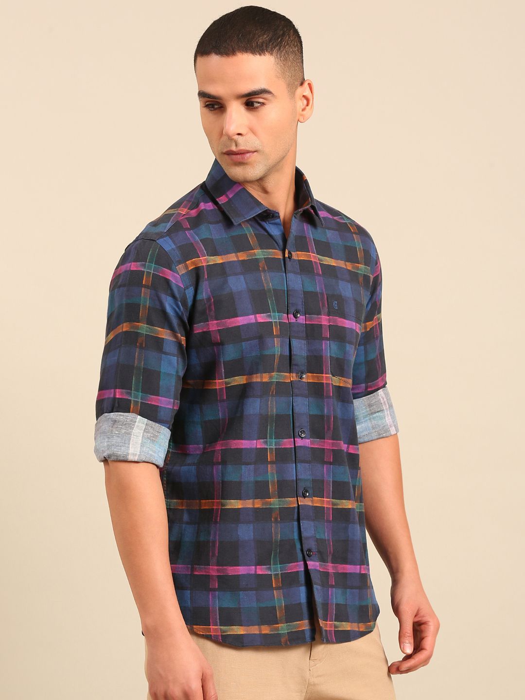 Cavallo by Linen Club Men's Contemporary Fit Linen blend Half Sleeve Solid Shirt CASHSD8039389