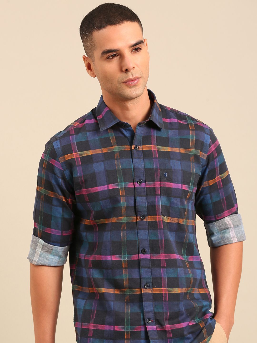 Cavallo by Linen Club Men's Contemporary Fit Linen blend Half Sleeve Solid Shirt CASHSD8039389