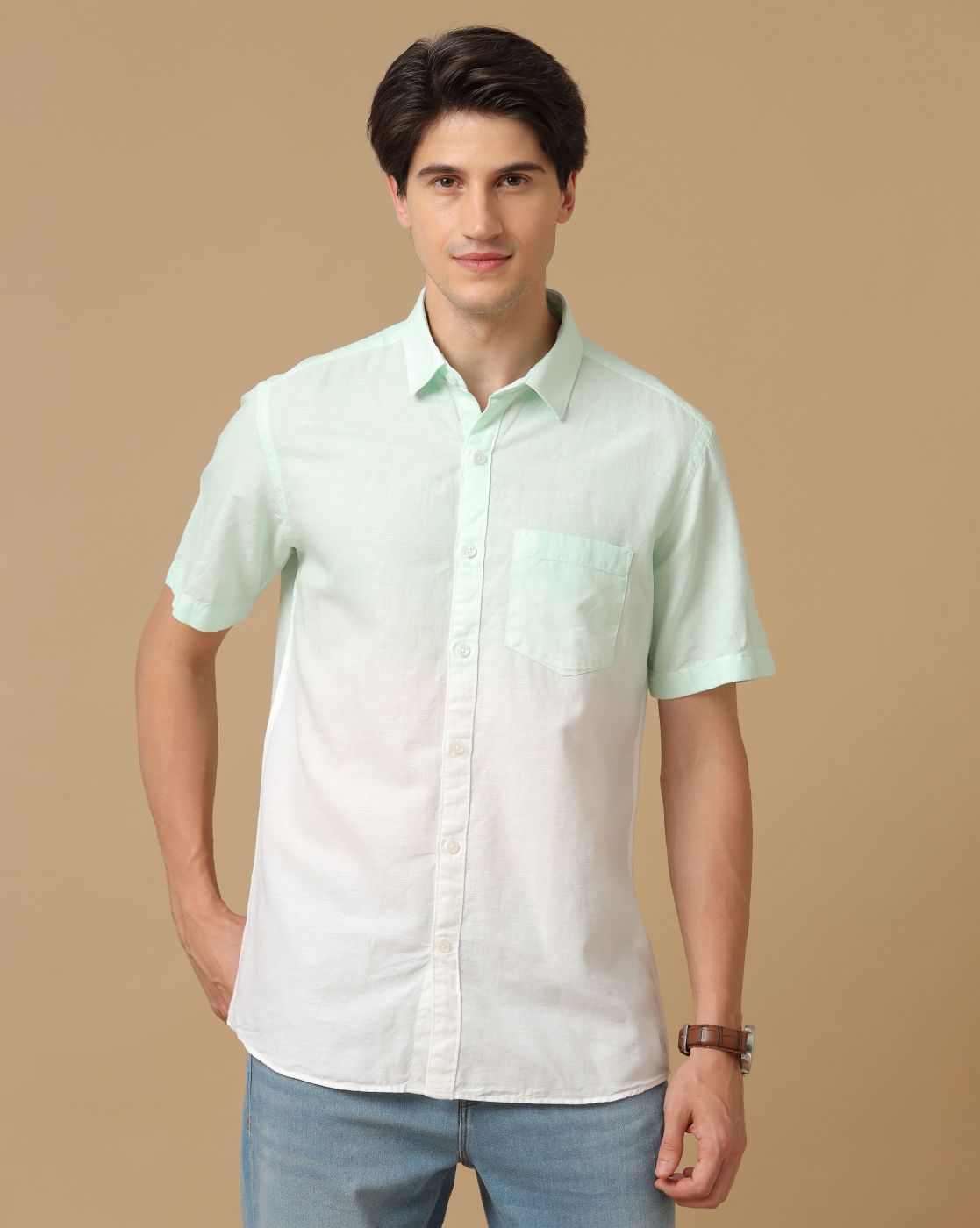 Cavallo by Linen Club Men's Contemporary Fit Linen blend Half Sleeve Solid Shirt CASHSD8039389