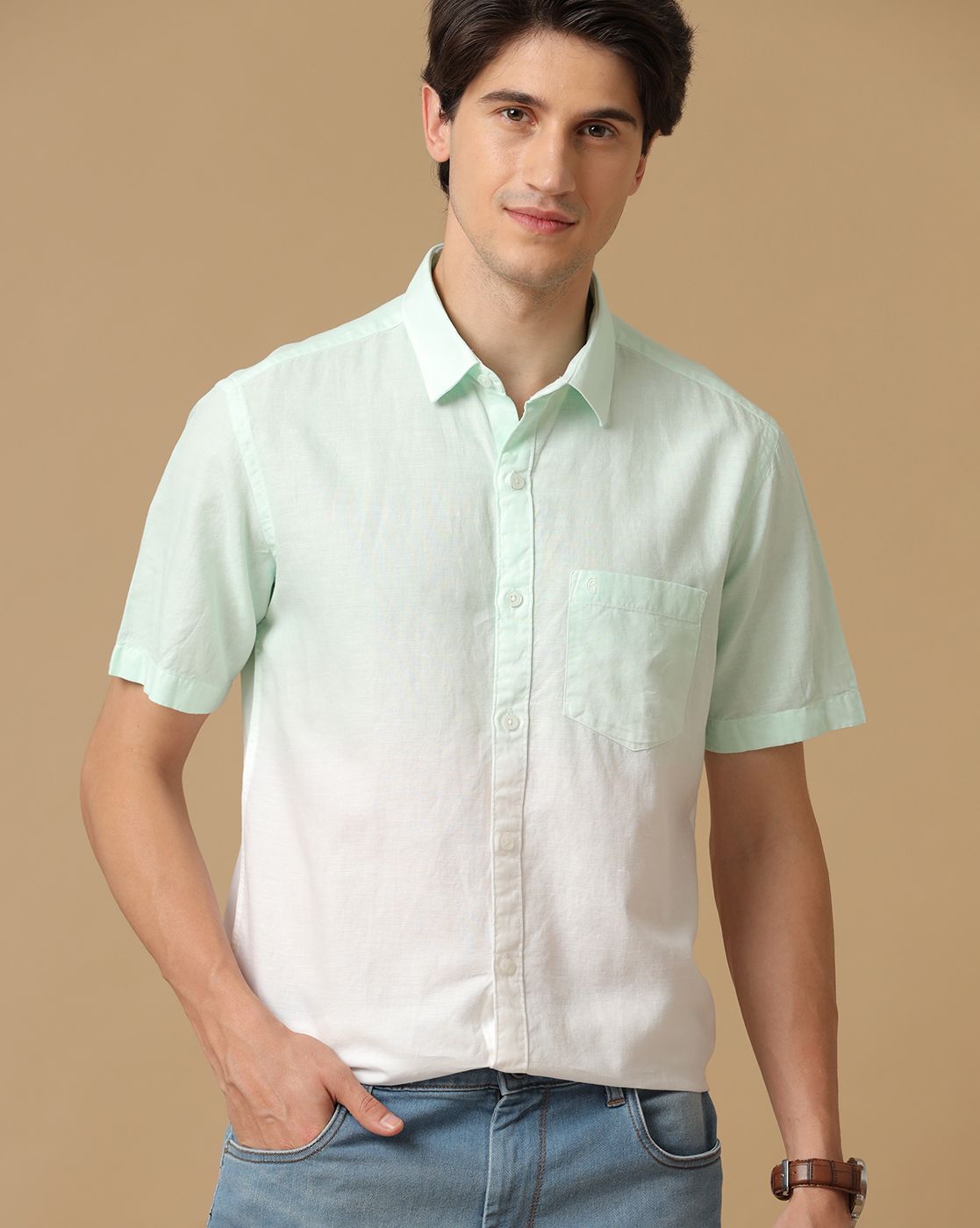 Cavallo by Linen Club Men's Contemporary Fit Linen blend Half Sleeve Solid Shirt CASHSD8039389