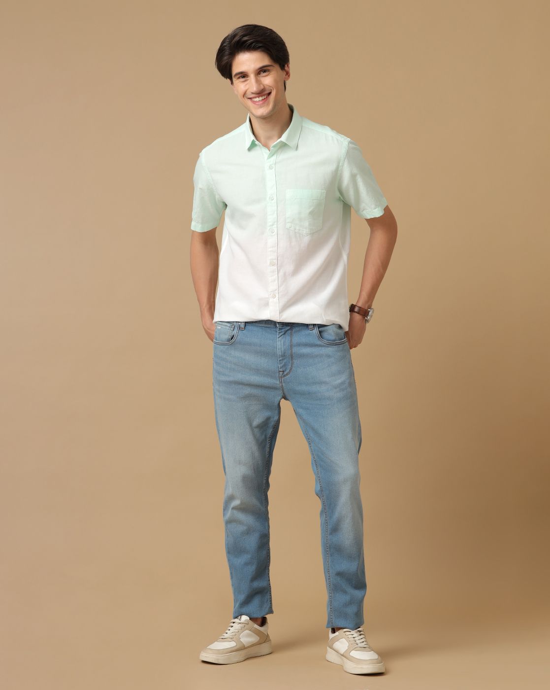 Cavallo by Linen Club Men's Contemporary Fit Linen blend Half Sleeve Solid Shirt CASHSD8039389