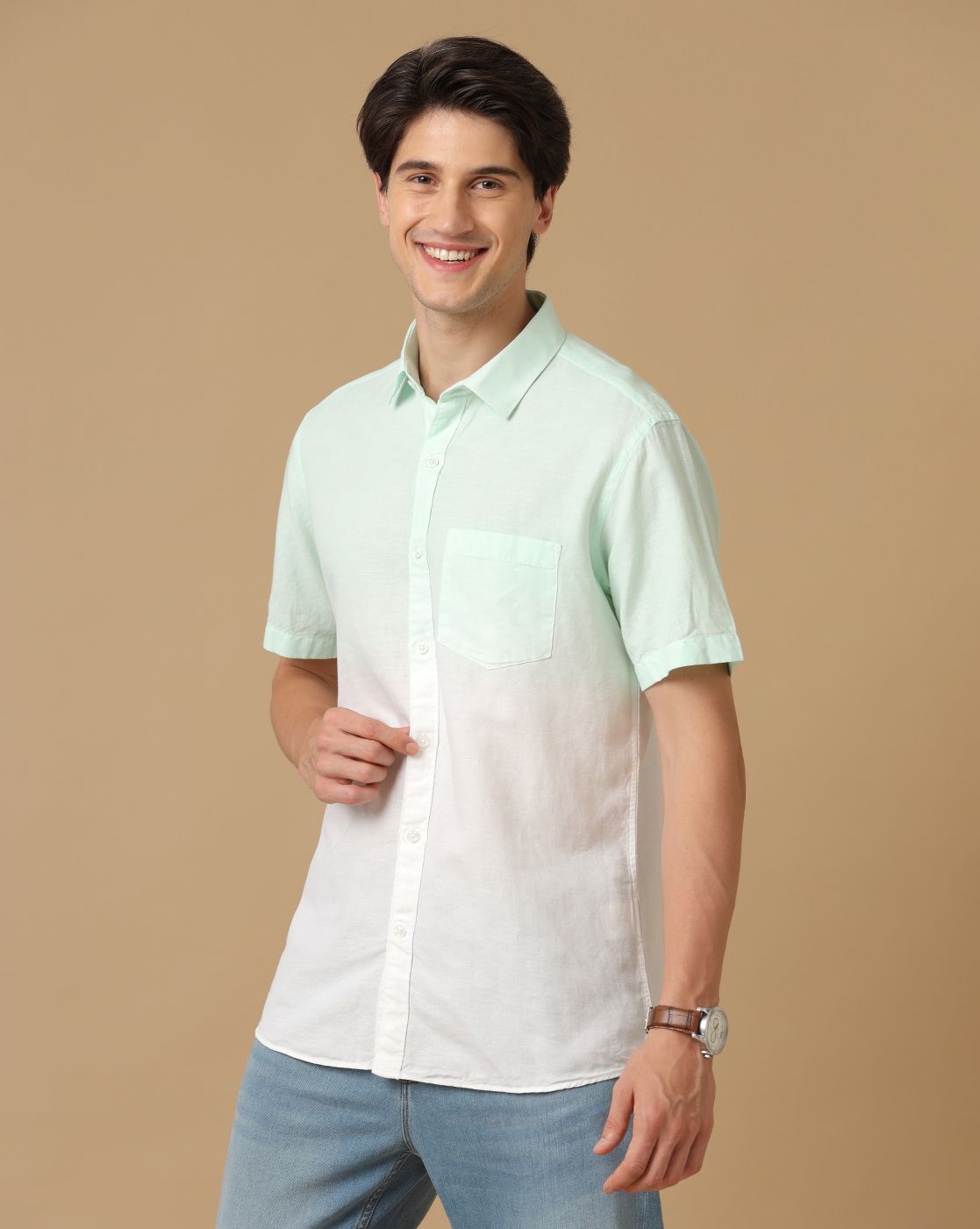 Cavallo by Linen Club Men's Contemporary Fit Linen blend Half Sleeve Solid Shirt CASHSD8039389