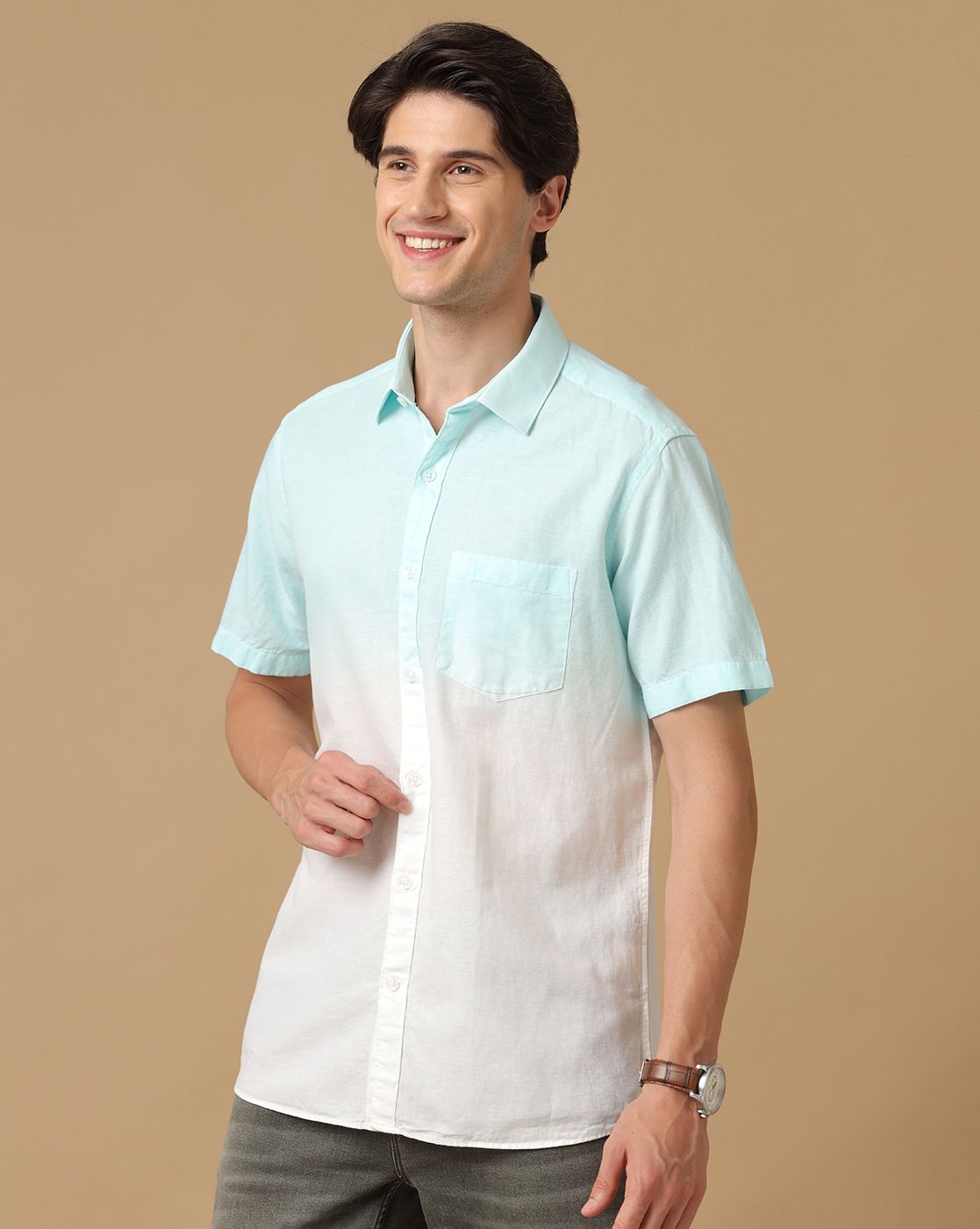 Men's Blended Linen White Solid Contemporary Fit Half Sleeve Casual Shirt