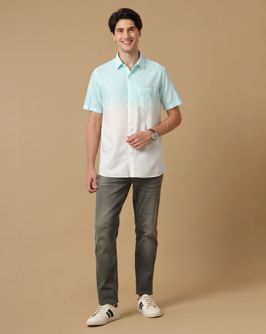Men's Blended Linen White Solid Contemporary Fit Half Sleeve Casual Shirt