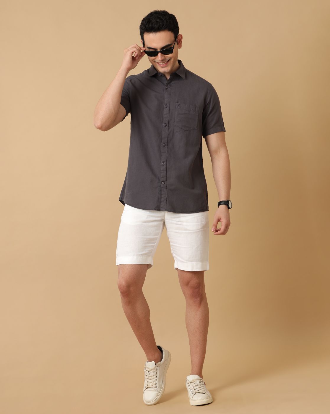 Men's Blended Linen Grey Solid Contemporary Fit Half Sleeve Casual Shirt