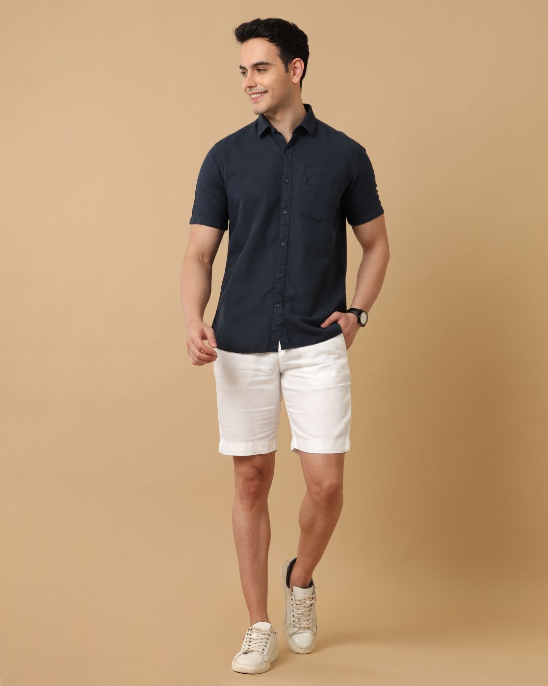 Men's Blended Linen Navy Solid Contemporary Fit Half Sleeve Casual Shirt