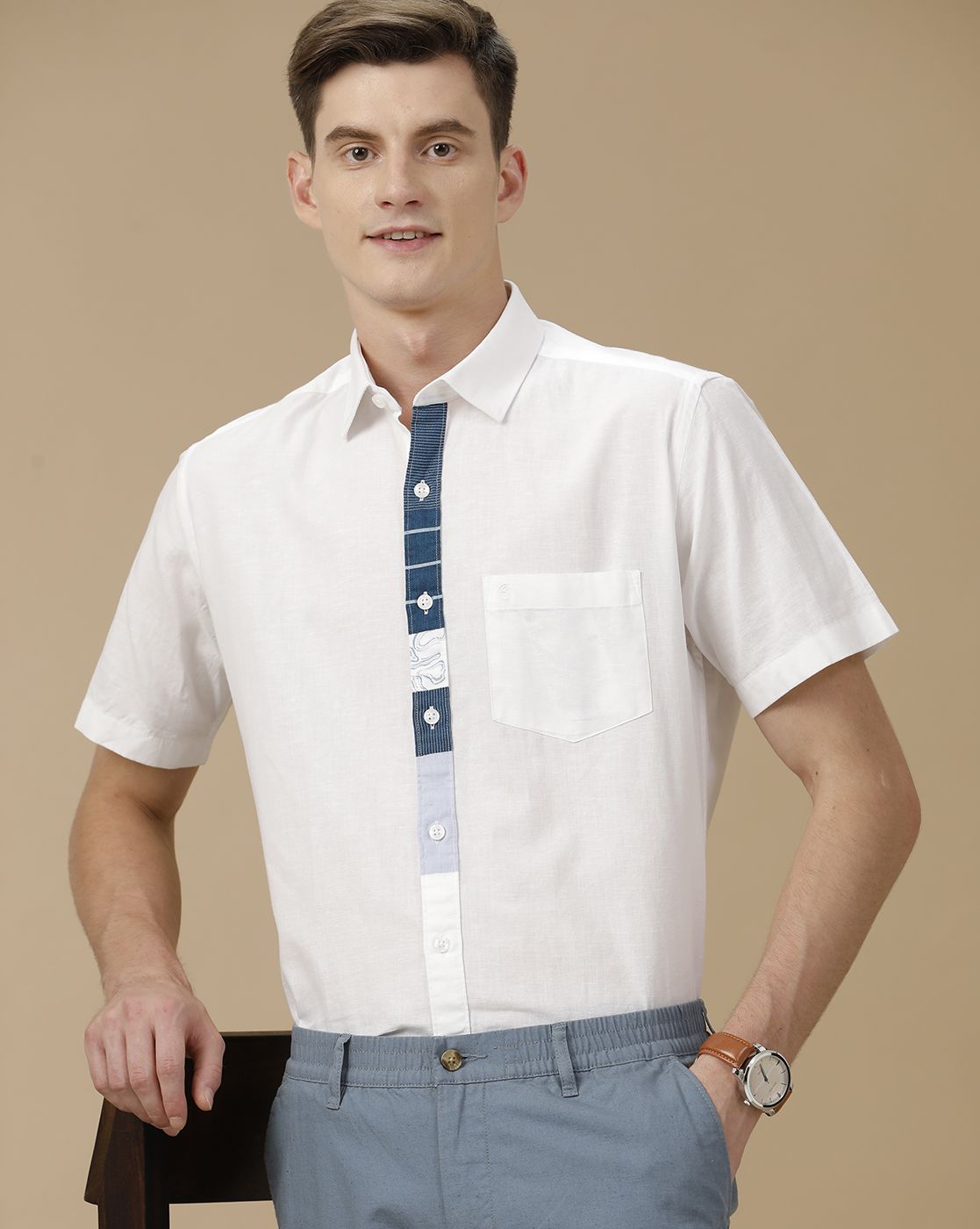 Men's Blended Linen White Solid Contemporary Fit Half Sleeve Casual Shirt