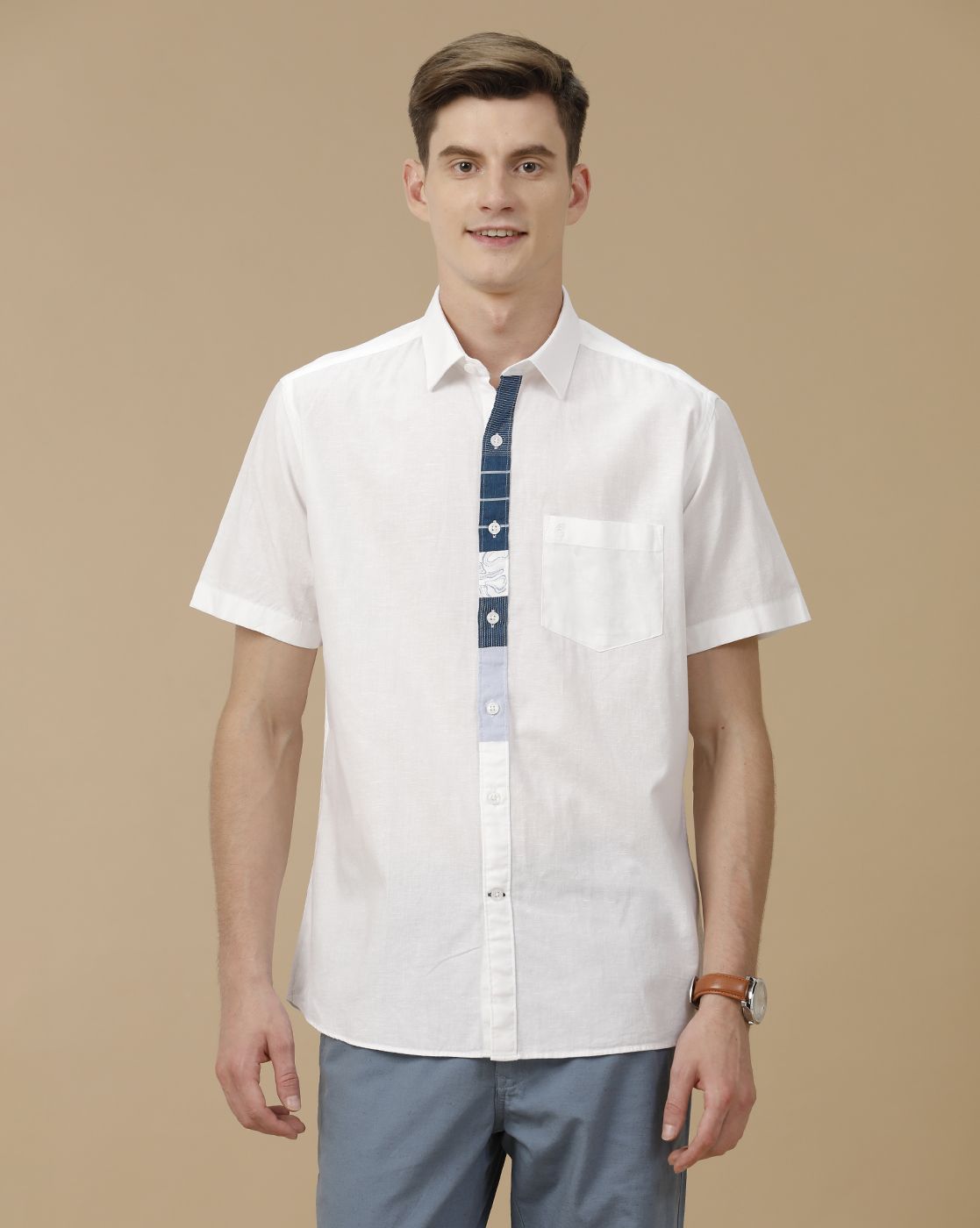 Men's Blended Linen White Solid Contemporary Fit Half Sleeve Casual Shirt